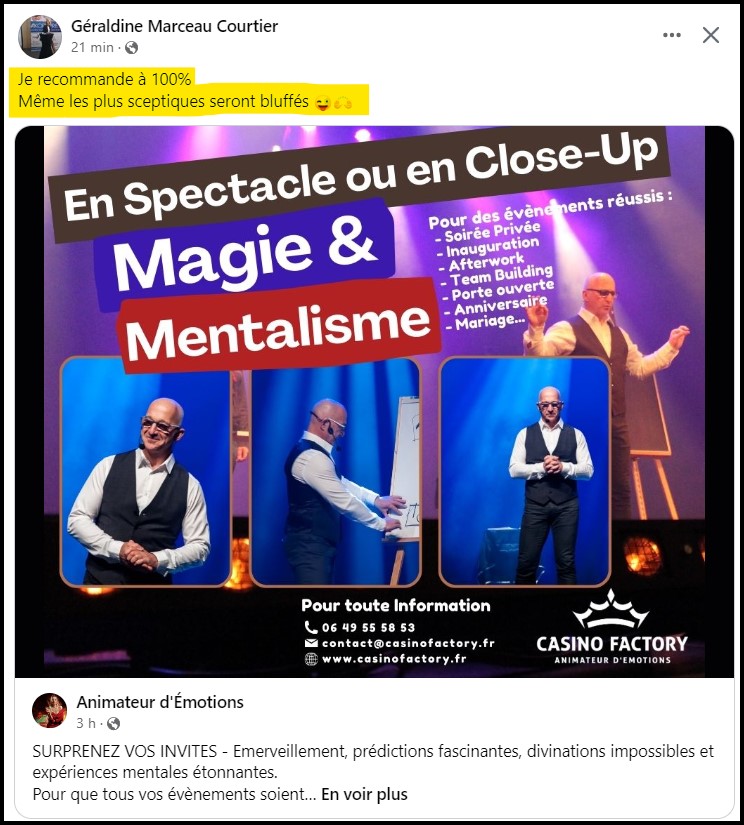 Mentaliste réalisant un tour de divination devant un public captivé